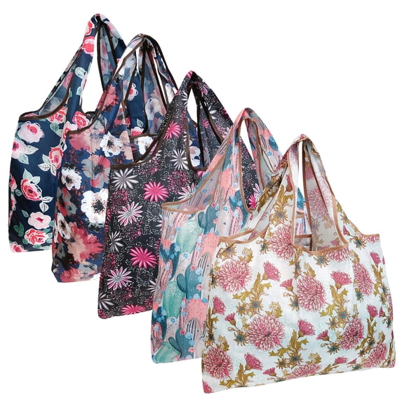 Wrapables Large Foldable Tote Nylon Reusable Grocery Bags, 5 Pack, Amazing Bloom