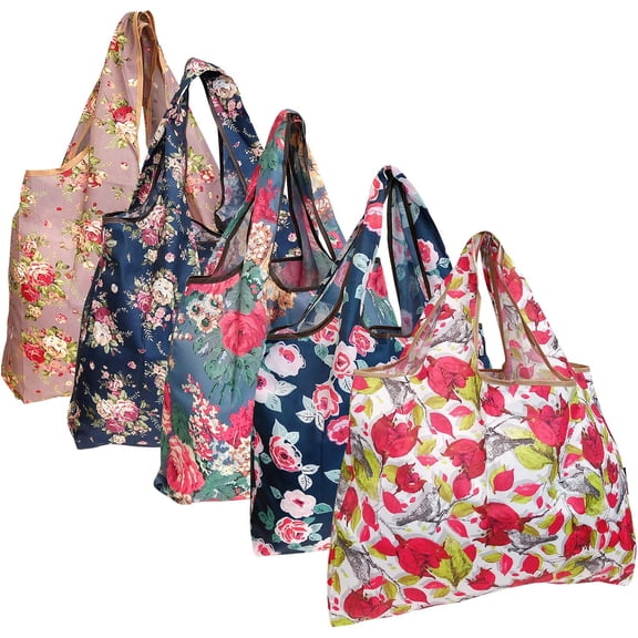 Wrapables Large Foldable Tote Nylon Reusable Grocery Bags, 5 Pack, Assorted Floral
