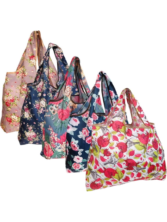 Large Foldable Tote Nylon Reusable Grocery Bags, 5 Pack, Assorted Floral