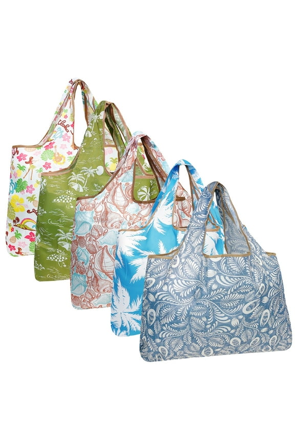 Large Foldable Tote Nylon Reusable Grocery Bags, 5 Pack, Carefree Paradise
