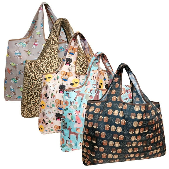 Wrapables Large Foldable Tote Nylon Reusable Grocery Bags, 5 Pack, Cuddly Animals