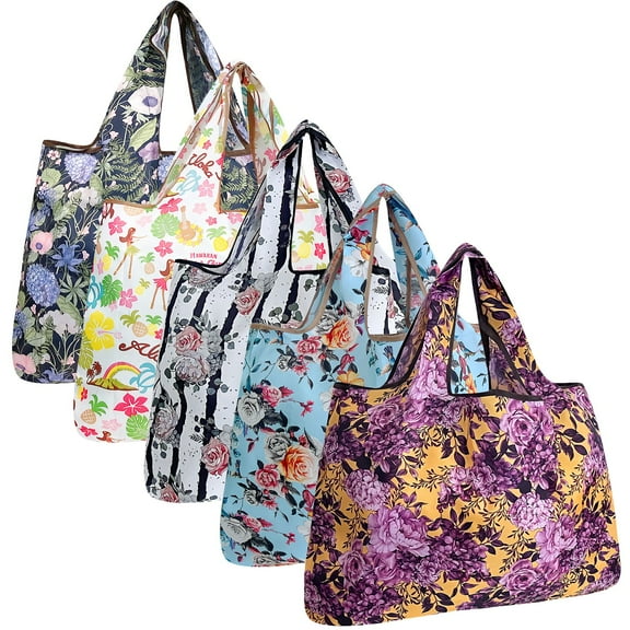 Wrapables Large Foldable Tote Nylon Reusable Grocery Bags, 5 Pack, Exotic Bloom