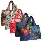 Large Foldable Tote Nylon Reusable Grocery Bags, 5 Pack, Exotic Space