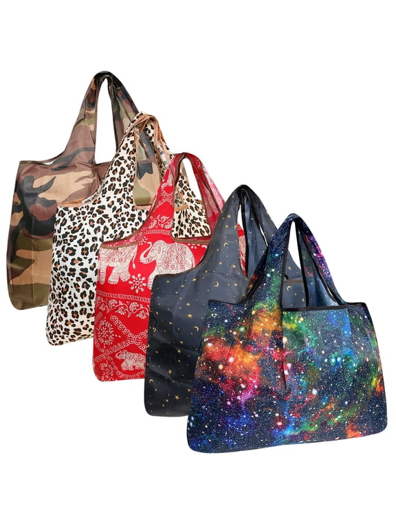 Large Foldable Tote Nylon Reusable Grocery Bags, 5 Pack, Exotic Space