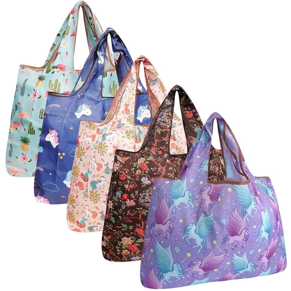 Wrapables Large Foldable Tote Nylon Reusable Grocery Bags, 5 Pack, Mythical Paradise