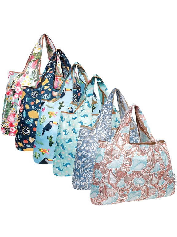 Large Foldable Tote Nylon Reusable Grocery Bags, 6 Pack, Travel Adventures