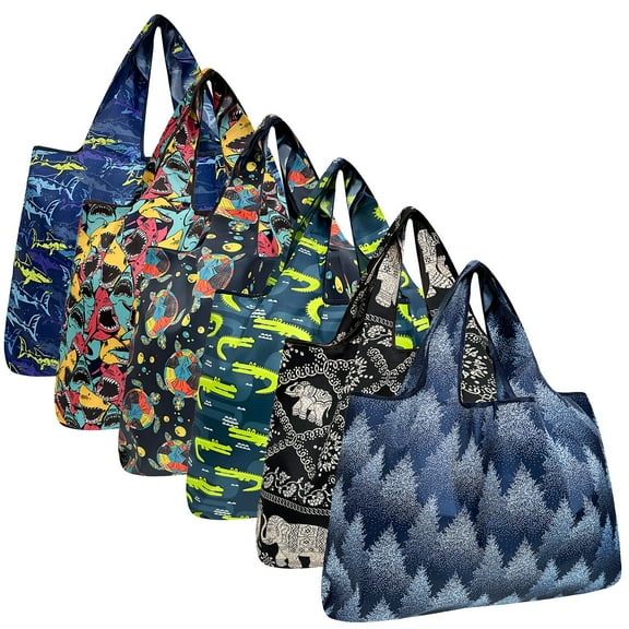 Wrapables Large Foldable Tote Nylon Reusable Grocery Bags, 6 Pack, Wild Trails