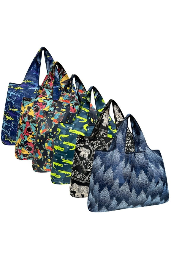 Large Foldable Tote Nylon Reusable Grocery Bags, 6 Pack, Wild Trails