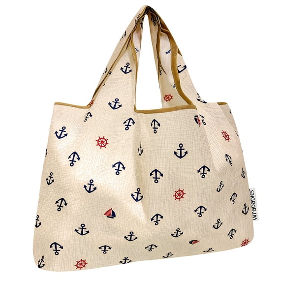 Wrapables Large Foldable Tote Nylon Reusable Grocery Bags, Anchors Away