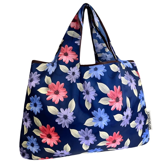 Wrapables Large Foldable Tote Nylon Reusable Grocery Bags, Colorful Daisies