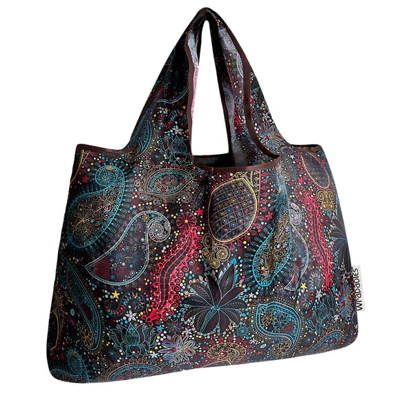 Wrapables Large Foldable Tote Nylon Reusable Grocery Bags, Cosmic Paisley