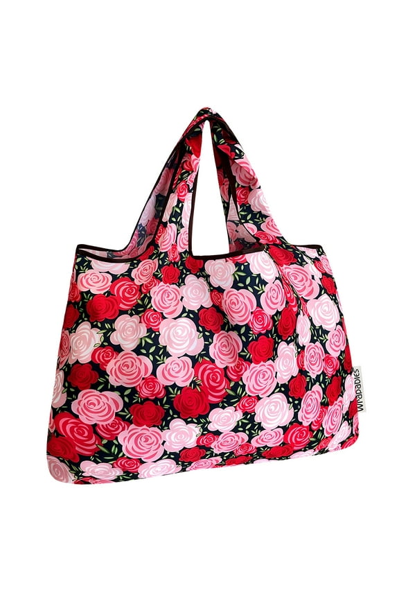 Large Foldable Tote Nylon Reusable Grocery Bags, Pink Roses