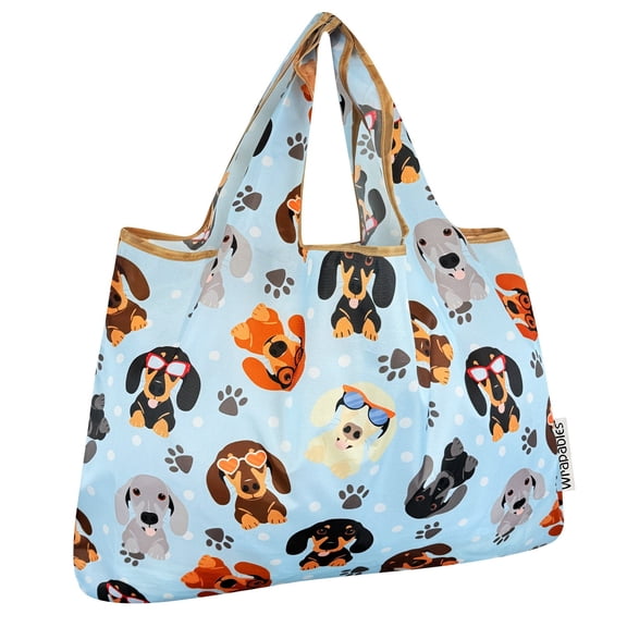 Wrapables Large Foldable Tote Nylon Reusable Grocery Bags, Stylish Doggies