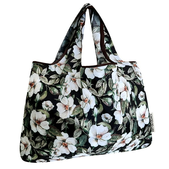 Wrapables Large Foldable Tote Nylon Reusable Grocery Bags, White Pansies