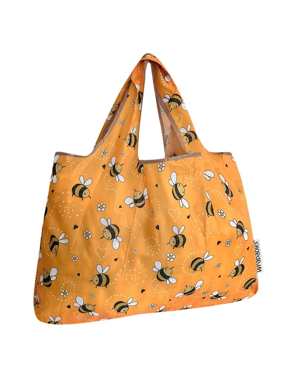 Large Foldable Tote Nylon Reusable Grocery Bags, Yellow Bees