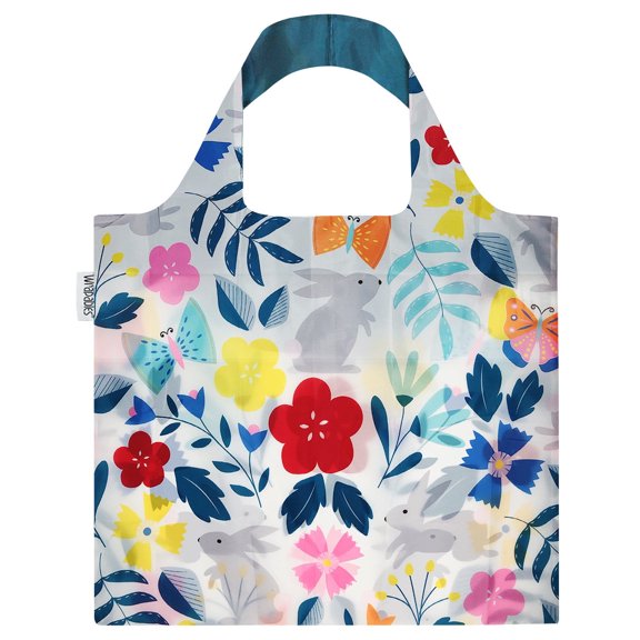 Wrapables Large Reusable Shopping Tote Bag with Outer Pouch, Floral Rabbits