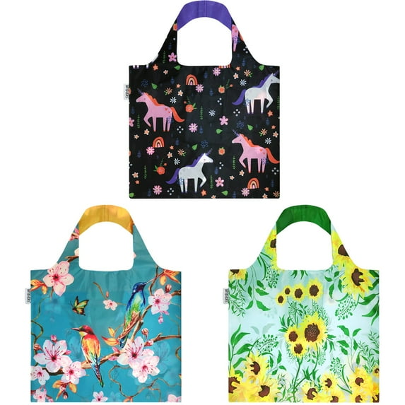 Wrapables Large Reusable Shopping Tote Bag with Outer Pouch (Set of 3), Flowers & Unicorns