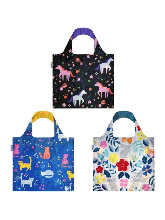 Large Reusable Shopping Tote Bag with Outer Pouch (Set of 3), Kitties, Unicorns, Bunnies