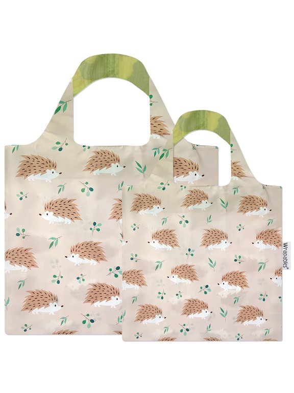 Large & Small Allybag Foldable & Lightweight Reusable Grocery Bags (Set of 2), Hedgehogs