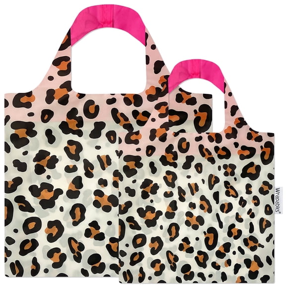Wrapables Large & Small Allybag Foldable & Lightweight Reusable Grocery Bags (Set of 2), Leopard Beige
