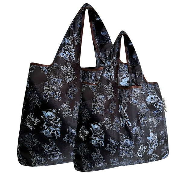 Wrapables Large & Small Foldable Tote Nylon Reusable Grocery Bags, Set of 2, Black Rose Shadow