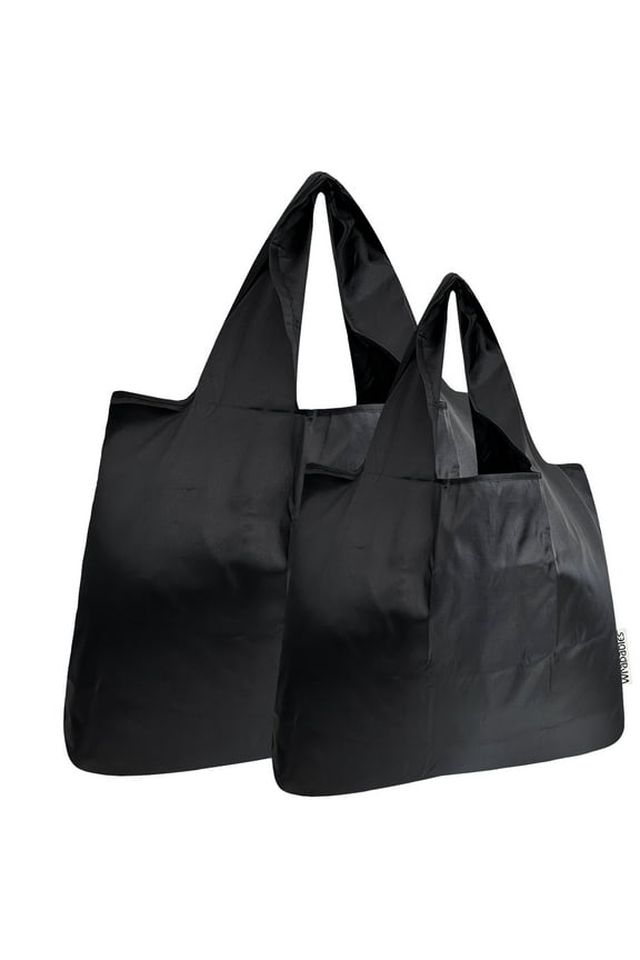 Large & Small Foldable Tote Nylon Reusable Grocery Bags, Set of 2, Black