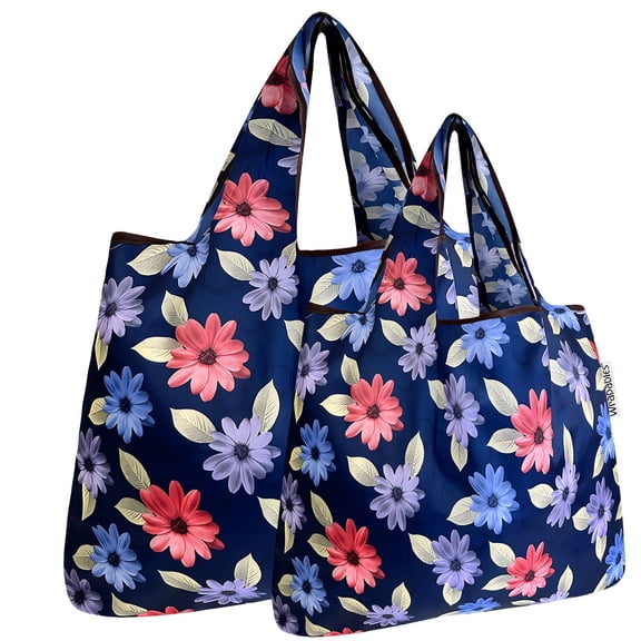 Wrapables Large & Small Foldable Tote Nylon Reusable Grocery Bags, Set of 2, Colorful Daisies