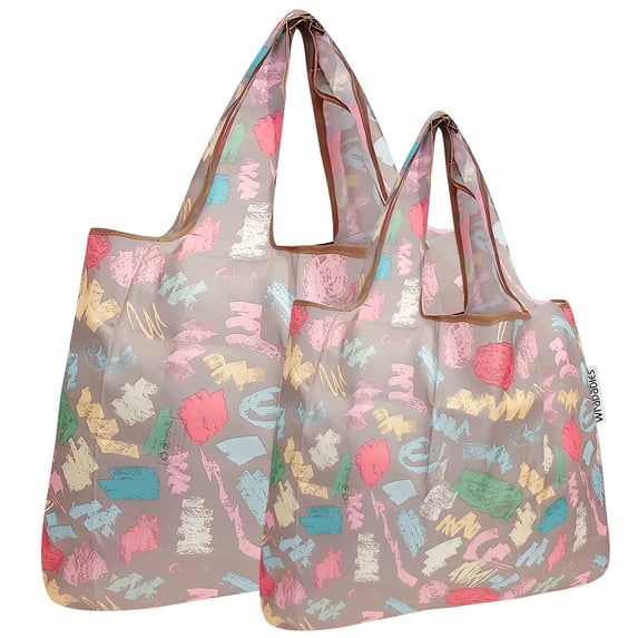 Wrapables Large & Small Foldable Tote Nylon Reusable Grocery Bags, Set of 2, Colorful Doodles