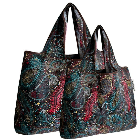 Wrapables Large & Small Foldable Tote Nylon Reusable Grocery Bags, Set of 2, Cosmic Paisley