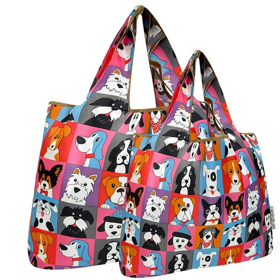 Wrapables Large & Small Foldable Tote Nylon Reusable Grocery Bags, Set of 2, Cute Dogs