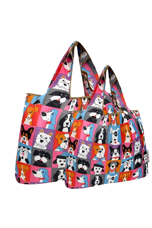 Large & Small Foldable Tote Nylon Reusable Grocery Bags, Set of 2, Cute Dogs