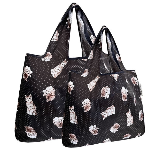 Wrapables Large & Small Foldable Tote Nylon Reusable Grocery Bags, Set of 2, Cute Kitty