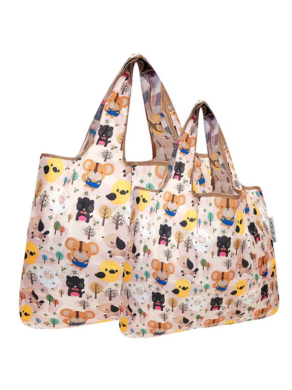 Large & Small Foldable Tote Nylon Reusable Grocery Bags, Set of 2, Cuttie Animals