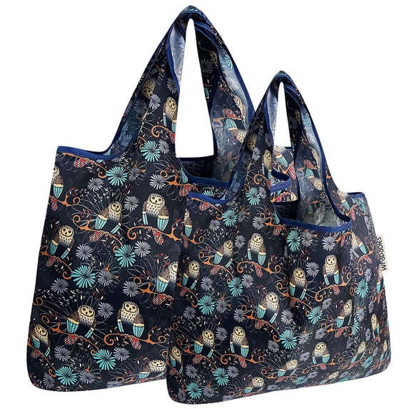 Wrapables Large & Small Foldable Tote Nylon Reusable Grocery Bags, Set of 2, Deco Owls