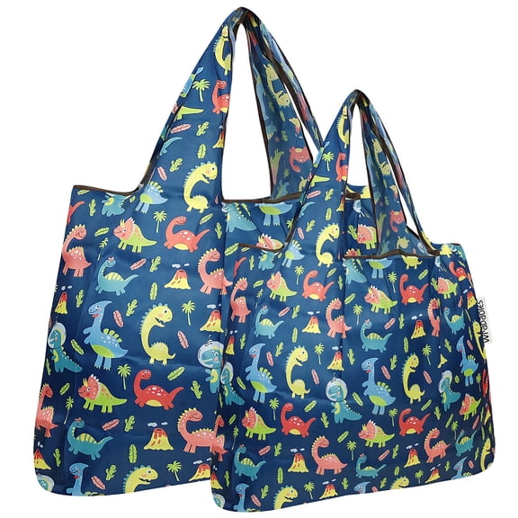 Wrapables Large & Small Foldable Tote Nylon Reusable Grocery Bags, Set of 2, Dinosaurs