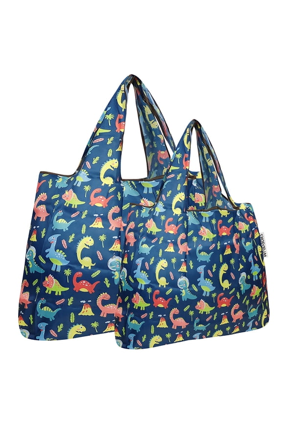 Large & Small Foldable Tote Nylon Reusable Grocery Bags, Set of 2, Dinosaurs