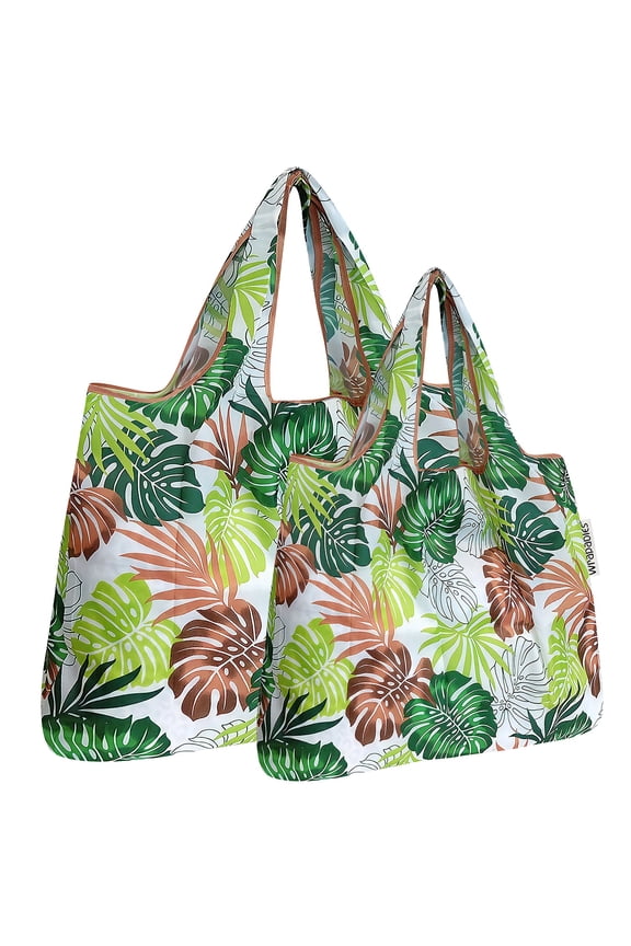 Large & Small Foldable Tote Nylon Reusable Grocery Bags, Set of 2, Fern Leaves
