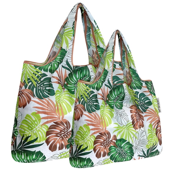 Wrapables Large & Small Foldable Tote Nylon Reusable Grocery Bags, Set of 2, Fern Leaves