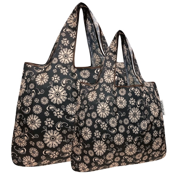 Wrapables Large & Small Foldable Tote Nylon Reusable Grocery Bags, Set of 2, Floral Deco