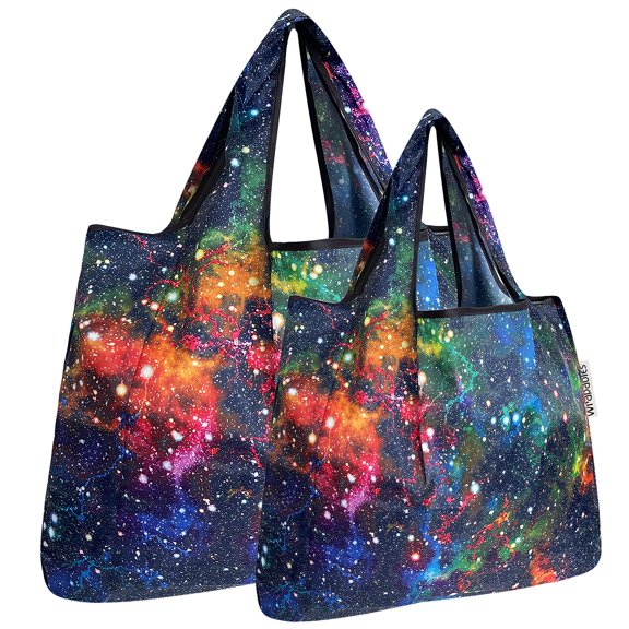 Wrapables Large & Small Foldable Tote Nylon Reusable Grocery Bags, Set of 2, Galaxy