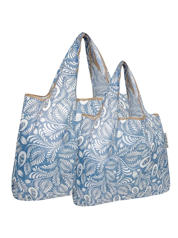 Large & Small Foldable Tote Nylon Reusable Grocery Bags, Set of 2, Gray Ferns