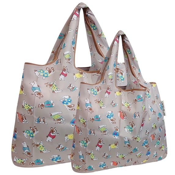 Wrapables Large & Small Foldable Tote Nylon Reusable Grocery Bags, Set of 2, Gray French Bulldogs