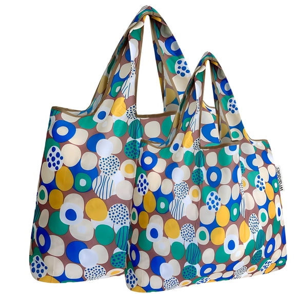 Wrapables Large & Small Foldable Tote Nylon Reusable Grocery Bags, Set of 2, Happy Dots