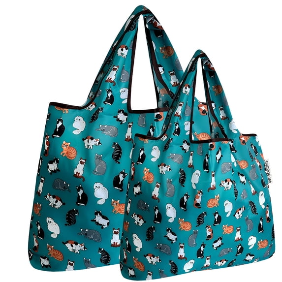 Wrapables Large & Small Foldable Tote Nylon Reusable Grocery Bags, Set of 2, Kitties Everywhere