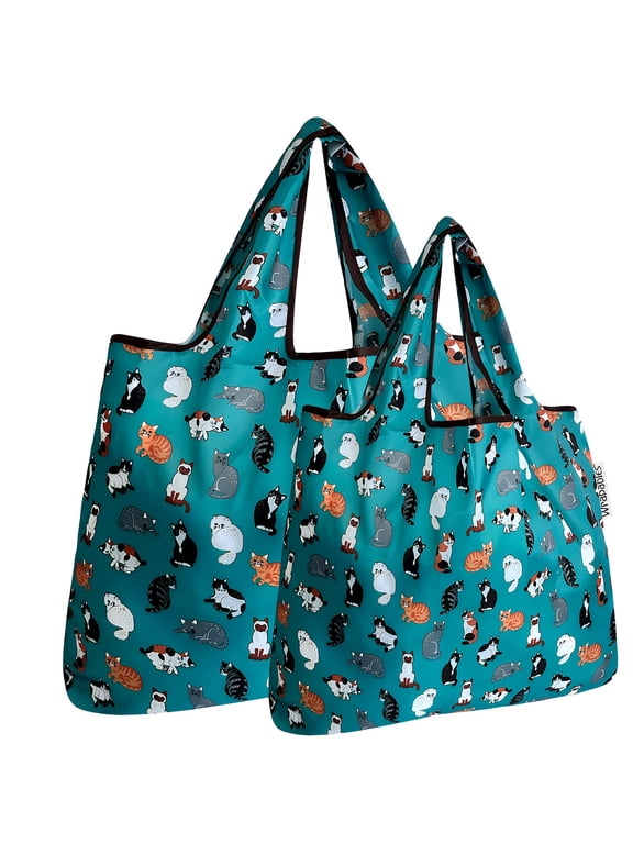 Large & Small Foldable Tote Nylon Reusable Grocery Bags, Set of 2, Kitties Everywhere