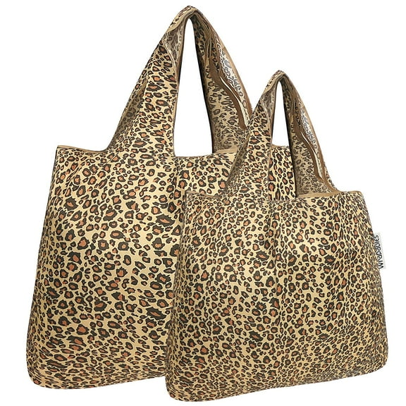 Wrapables Large & Small Foldable Tote Nylon Reusable Grocery Bags, Set of 2, Leopard Print