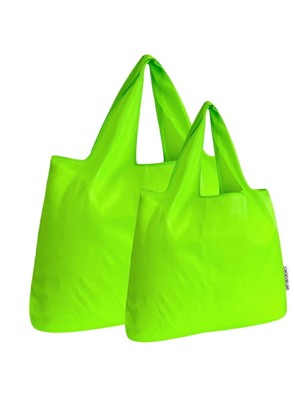 Large & Small Foldable Tote Nylon Reusable Grocery Bags, Set of 2, Lime