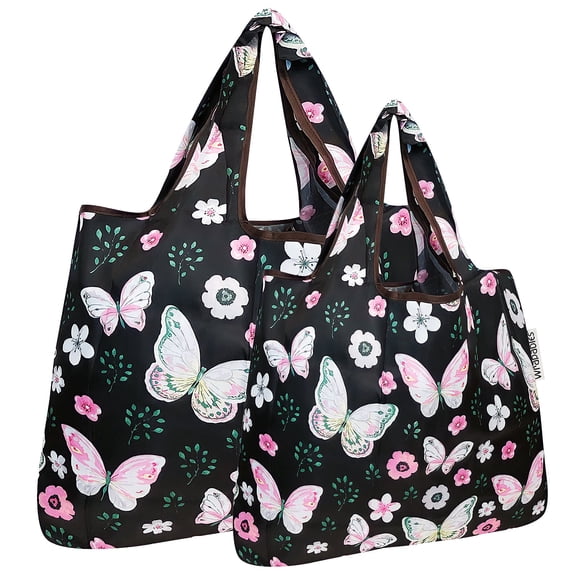 Wrapables Large & Small Foldable Tote Nylon Reusable Grocery Bags, Set of 2, Midnight Butterfly