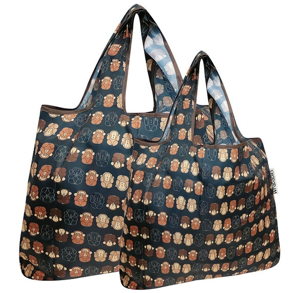 Wrapables Large & Small Foldable Tote Nylon Reusable Grocery Bags, Set of 2, Monkey Business