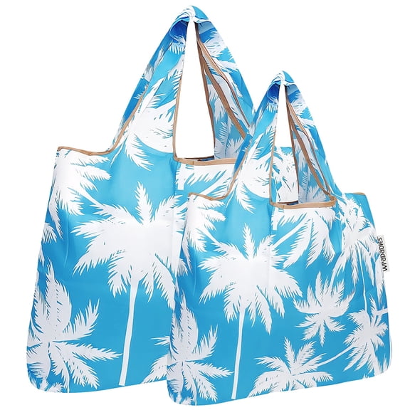 Wrapables Large & Small Foldable Tote Nylon Reusable Grocery Bags, Set of 2, Palm Trees in Blue